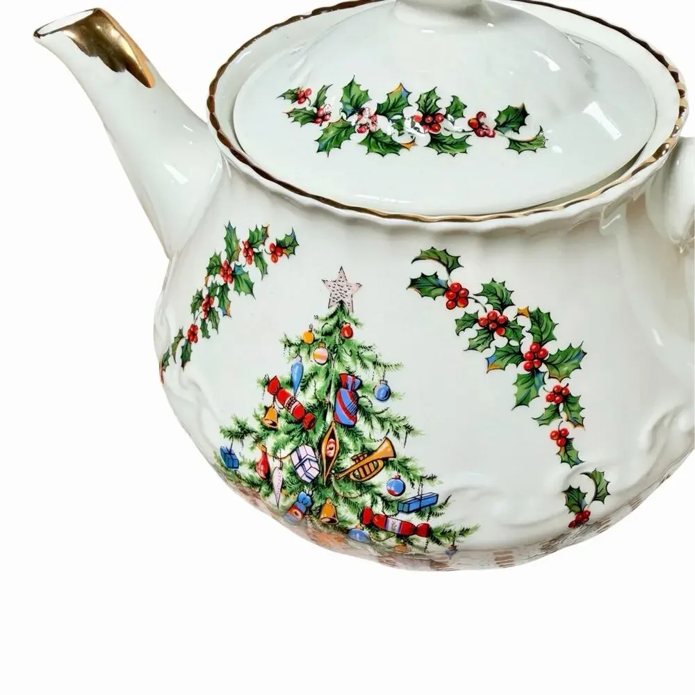 Vintage Schmid England Porcelain Christmas Musical Teapot WORKS O Xmas Tree